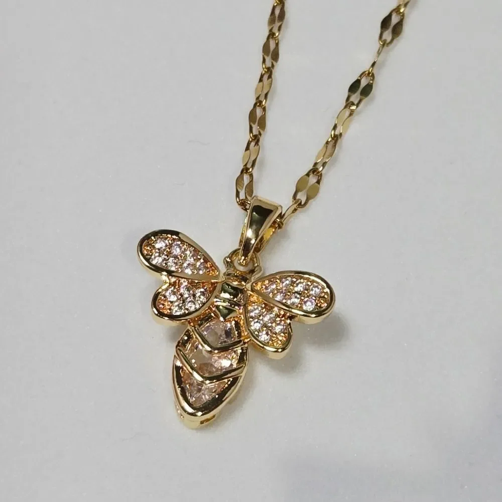 Elegant Gold Bee Pendant White CZ Stainless Steel Dainty Necklace Minimalist